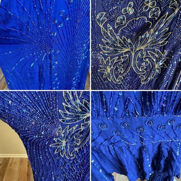 RARE Vintage 80s Judith Ann 2 pc Blue Silk Sequin Beaded Kimono Jacket and Dress - Picture 15 of 16